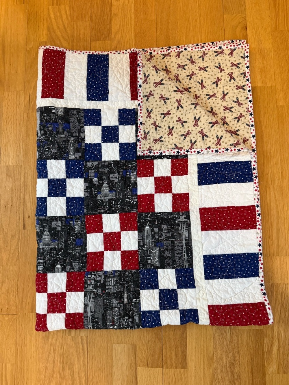 Handmade Patriotic Theme Mini Lap Cotton Quilt with New York City Scape Panels